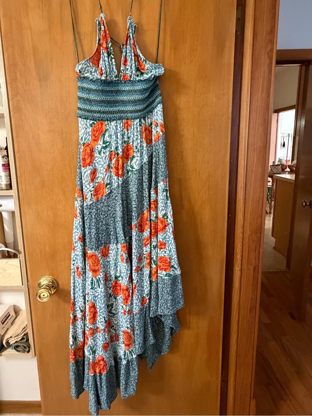 Free People Asymmetrical Floral Maxi Dress with Smocked Waist - Teal & Orange